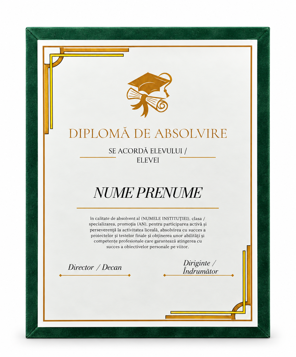 Diplomă de absolvire pe suport de catifea