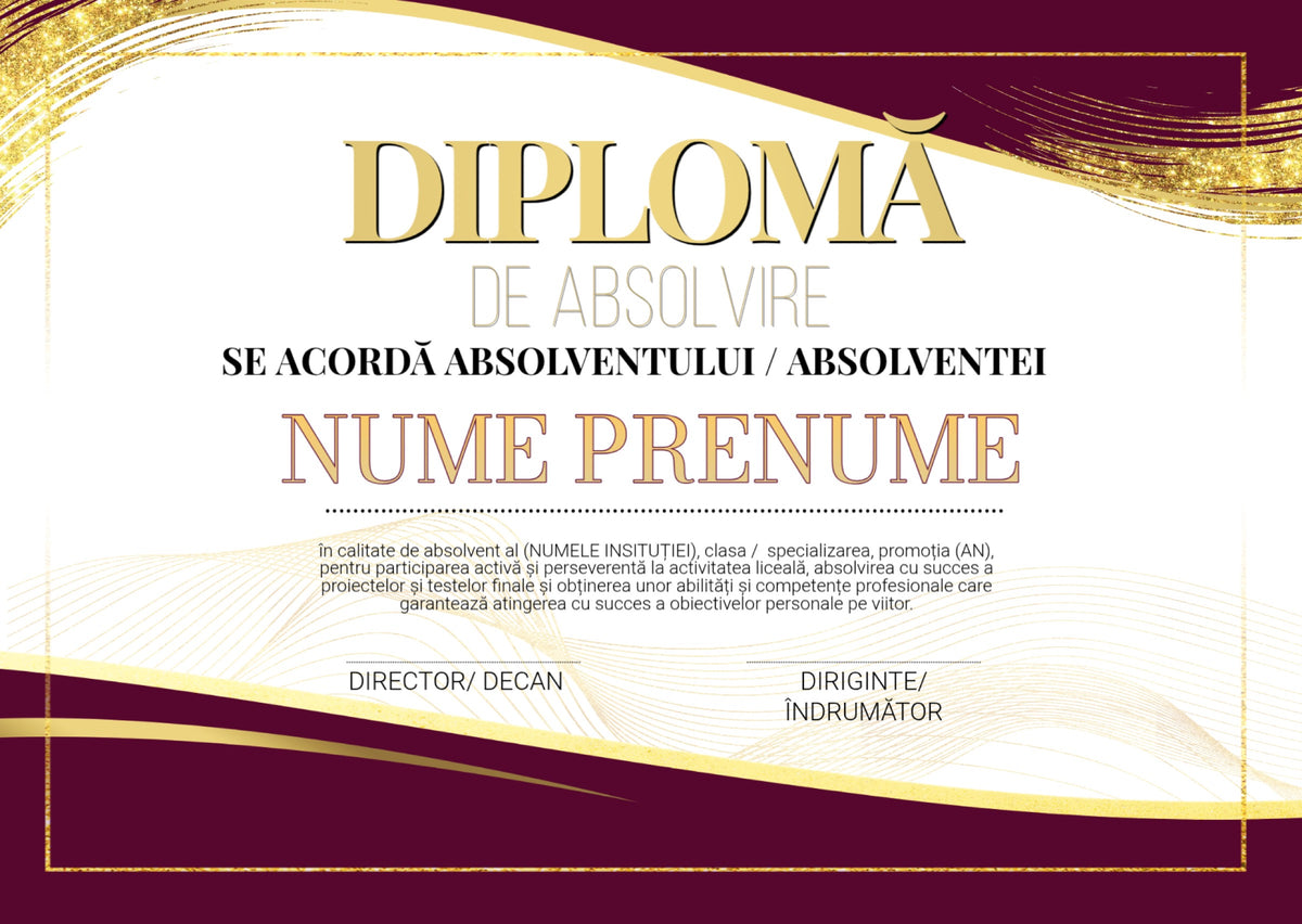 Diplomă festivă de absolvire A4 personalizabilă – Model DIP01