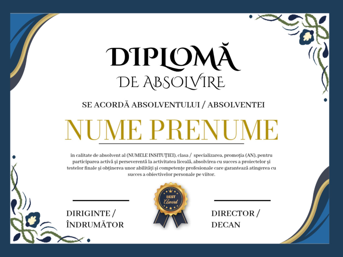 Diplomă festivă de absolvire A4 personalizabilă – Model DIP02