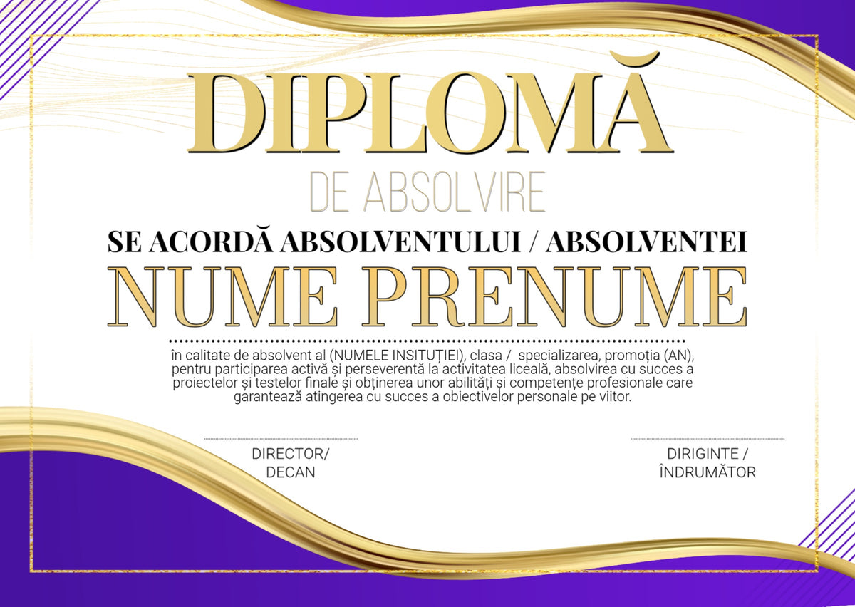 Diplomă festivă de absolvire A4 personalizabilă – Model DIP04