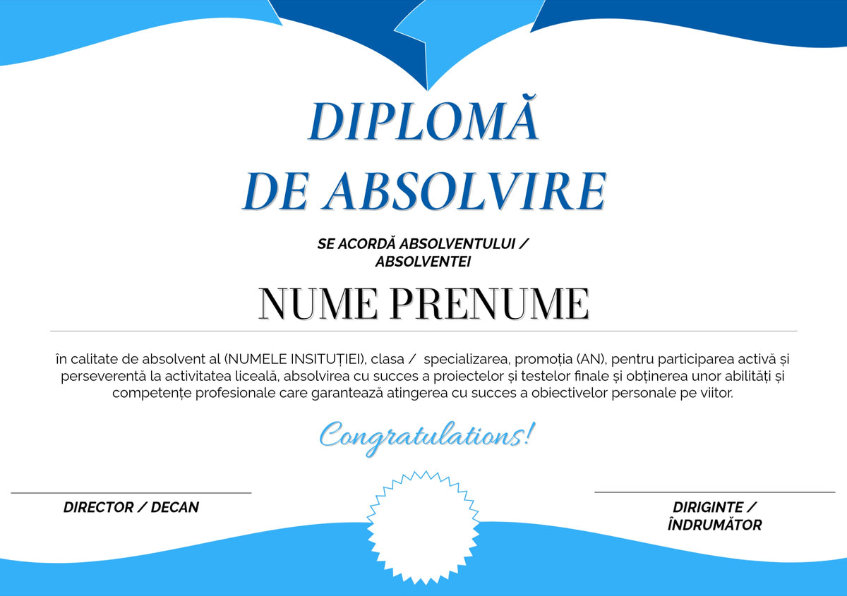 Diplomă festivă de absolvire A4 personalizabilă – Model DIP05