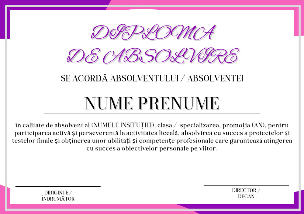 Diplomă festivă de absolvire A4 personalizabilă – Model DIP06