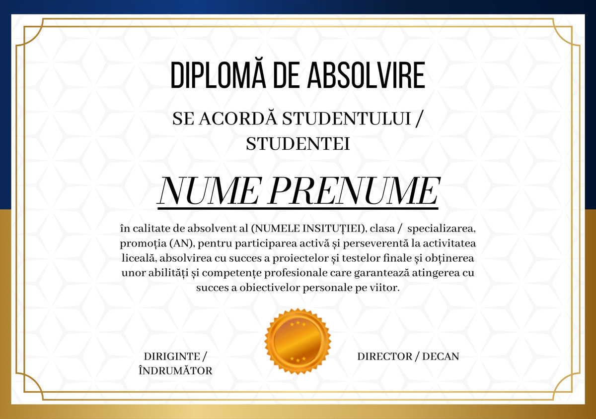 Diplomă festivă de absolvire A4 personalizabilă – Model DIP07