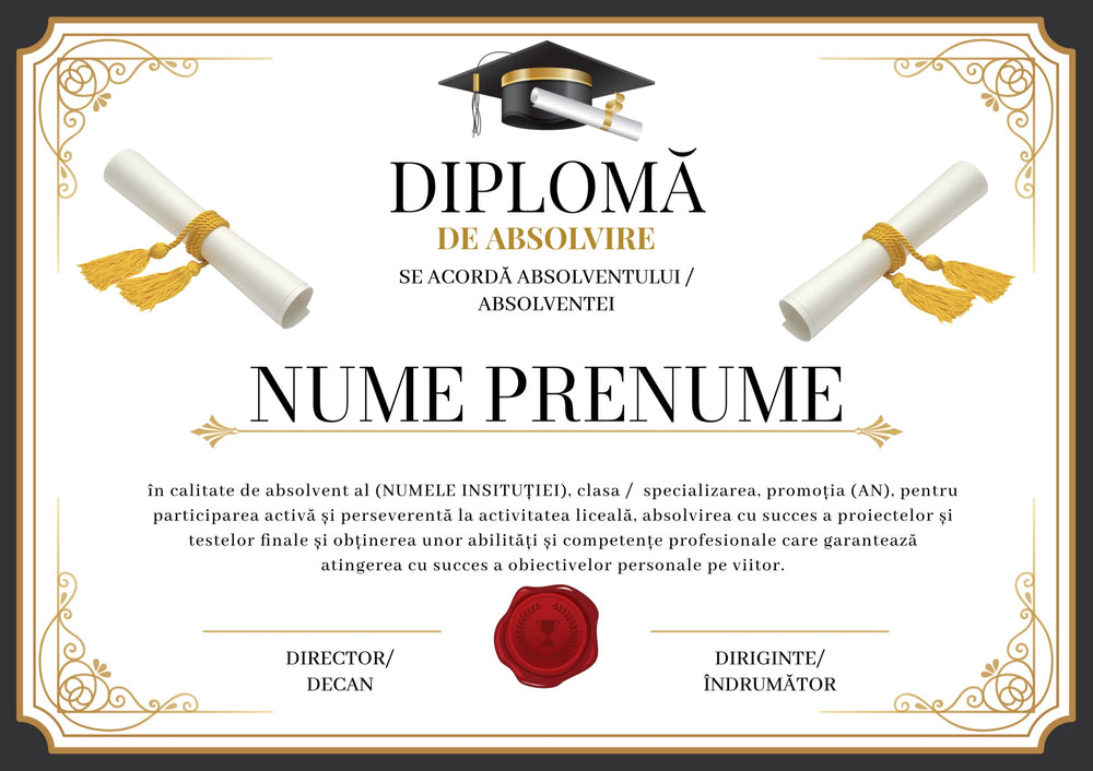 Diplomă festivă de absolvire A4 personalizabilă – Model DIP19