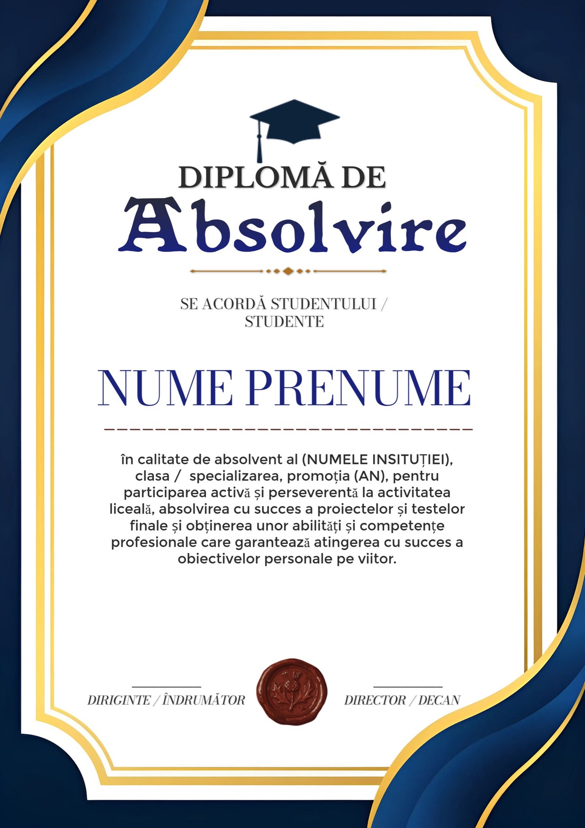 Diplomă festivă de absolvire A4 personalizabilă – Model DIP45