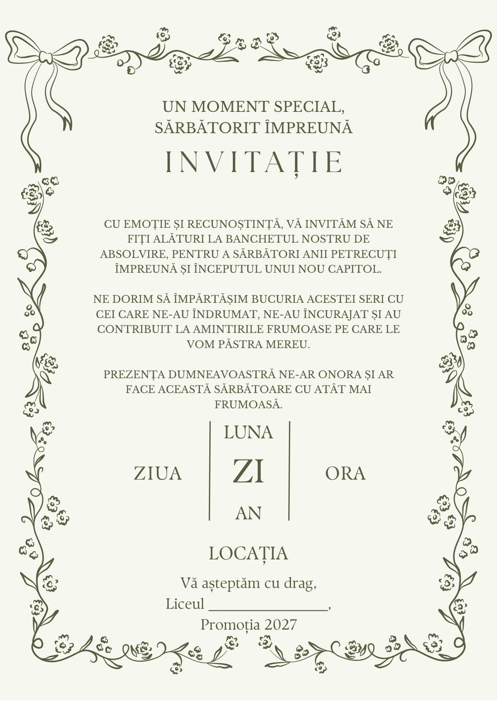 Invitație absolvire personalizabilă cu plic – Model INV01