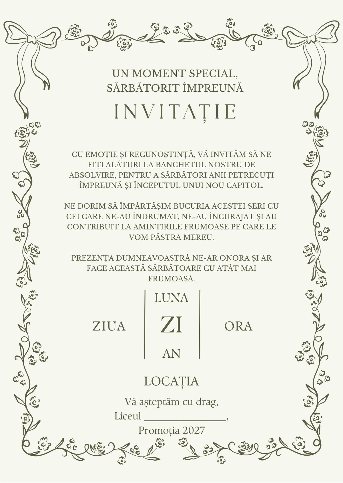 Invitație absolvire personalizabilă cu plic – Model INV01