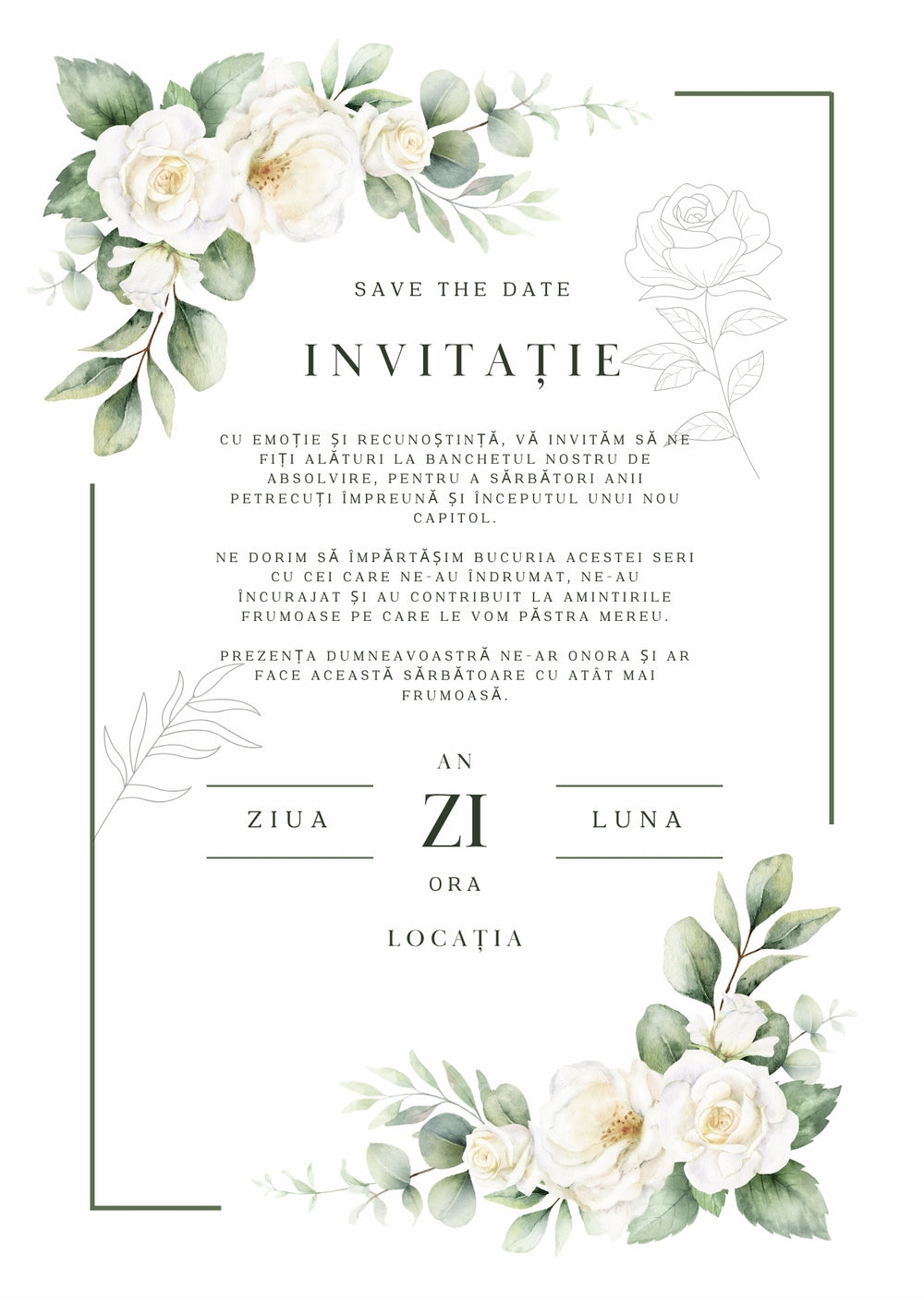 Invitație absolvire personalizabilă cu plic – Model INV02