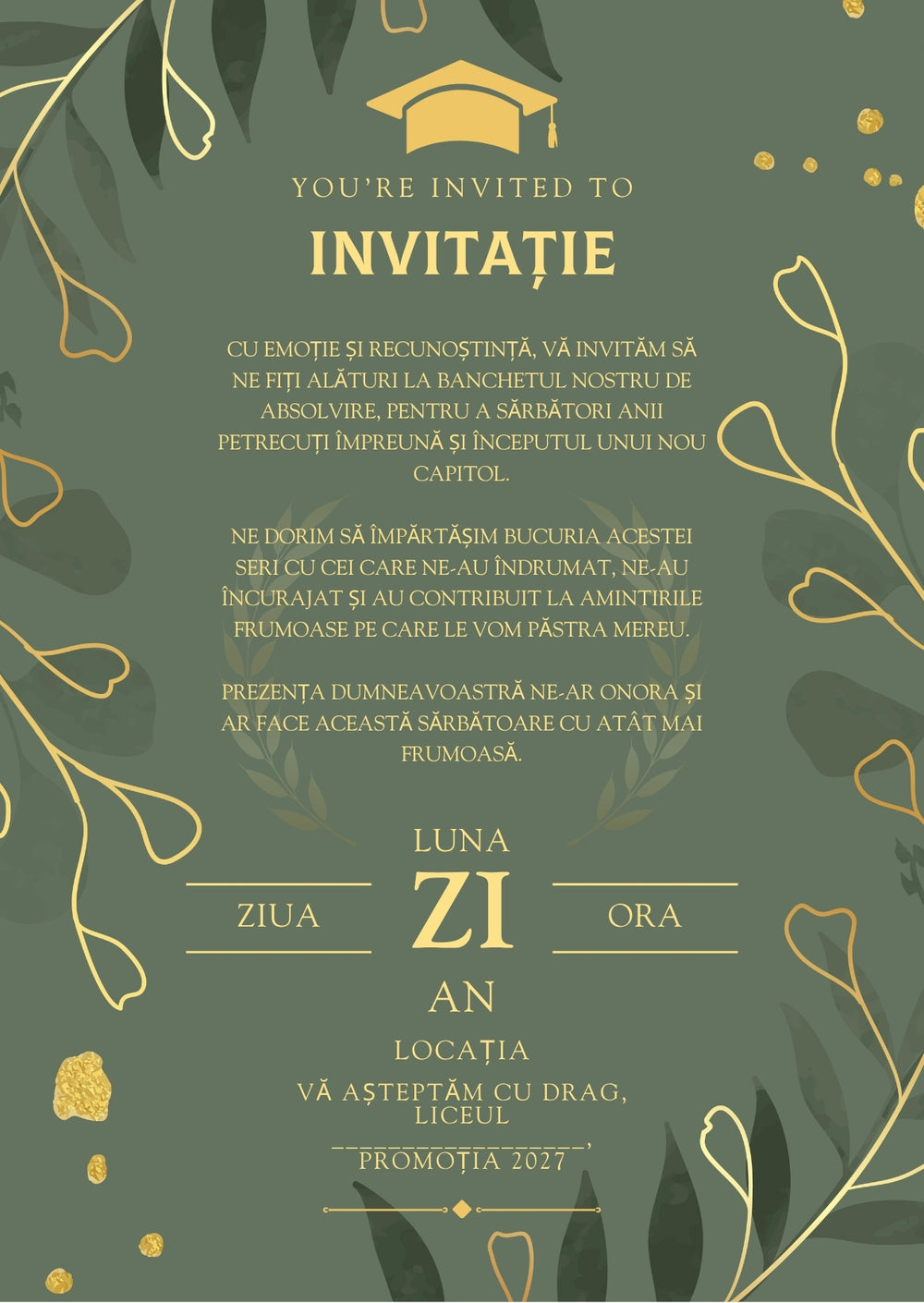Invitație absolvire personalizabilă cu plic – Model INV03