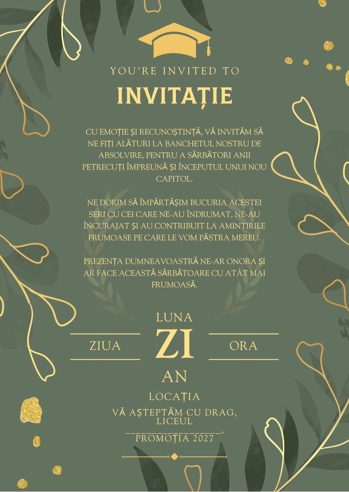 Invitație absolvire personalizabilă cu plic – Model INV03