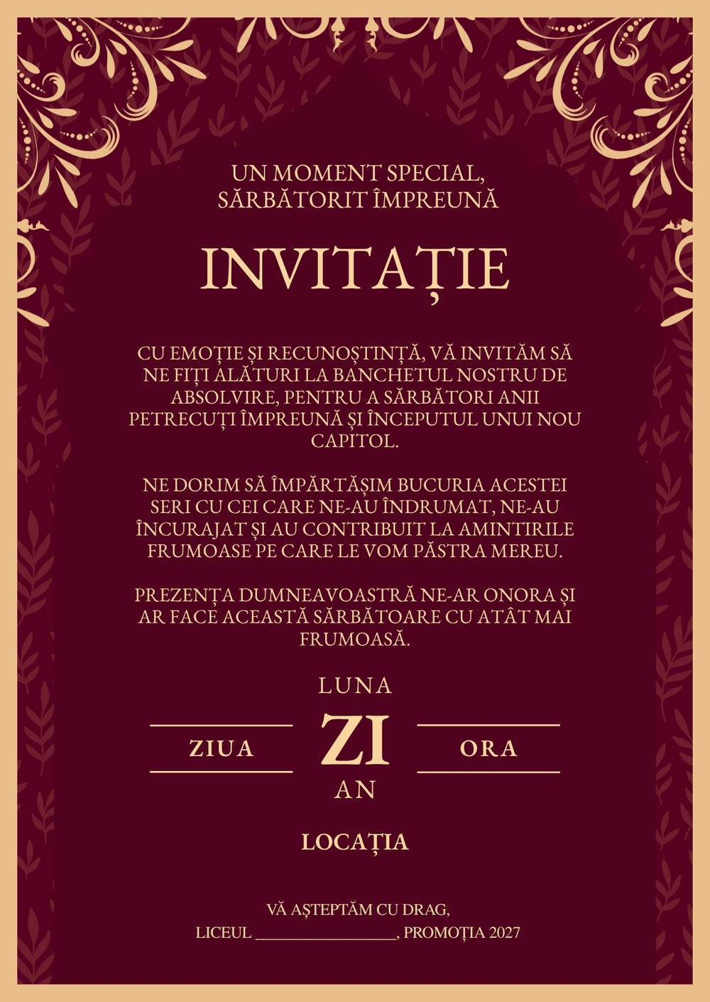 Invitație absolvire personalizabilă cu plic – Model INV12