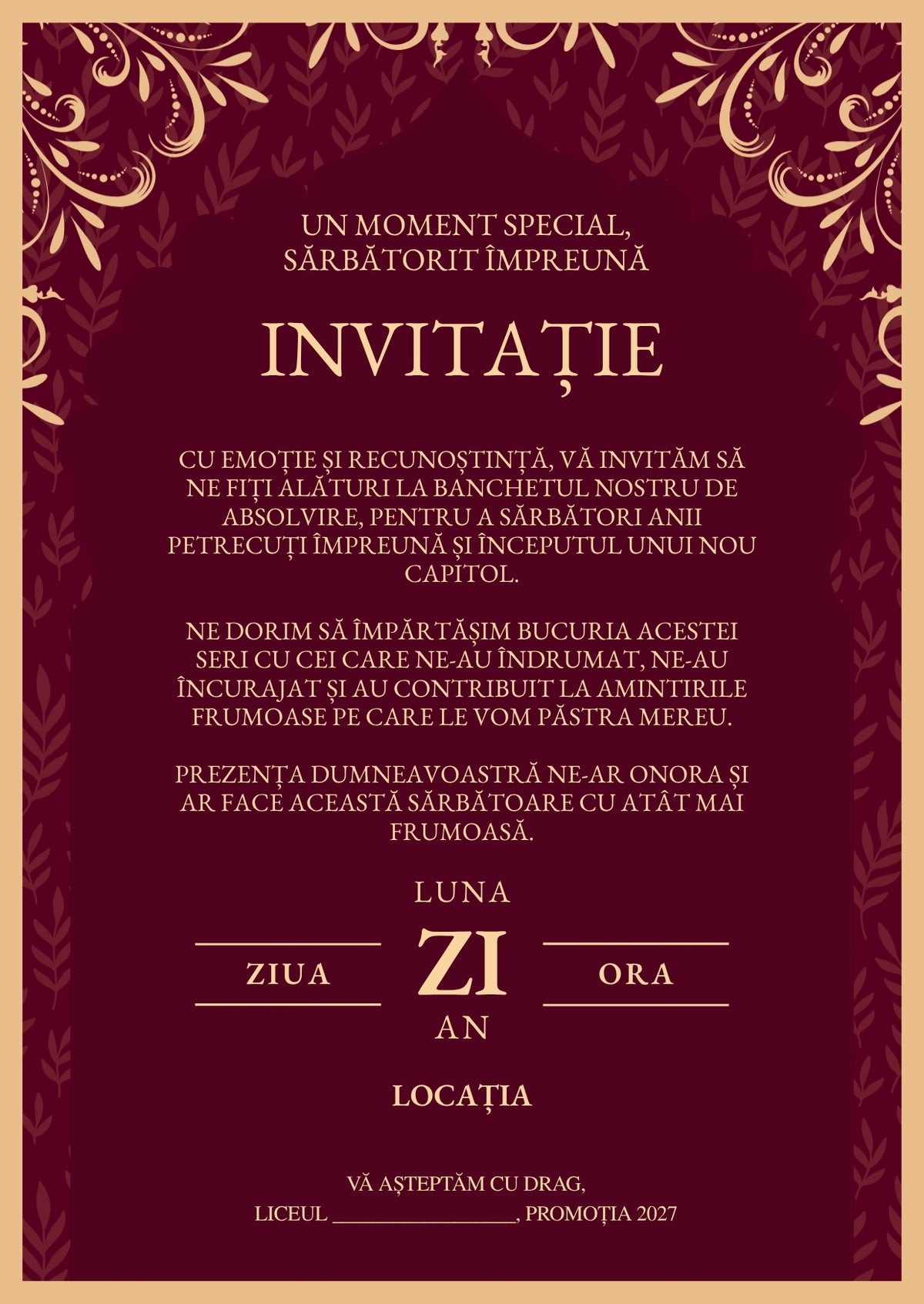 Invitație absolvire personalizabilă cu plic – Model INV12