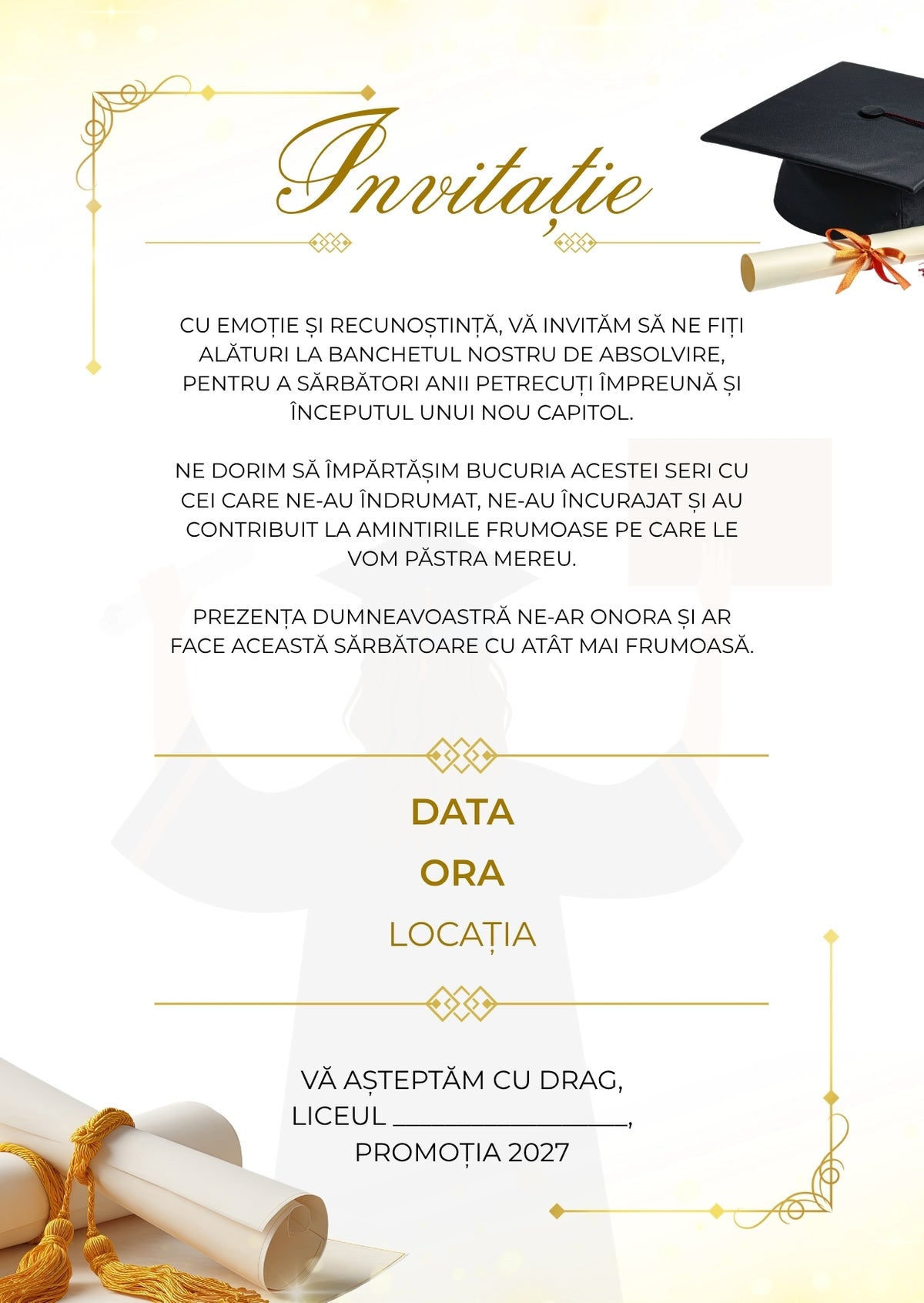 Invitație absolvire personalizabilă cu plic – Model INV14
