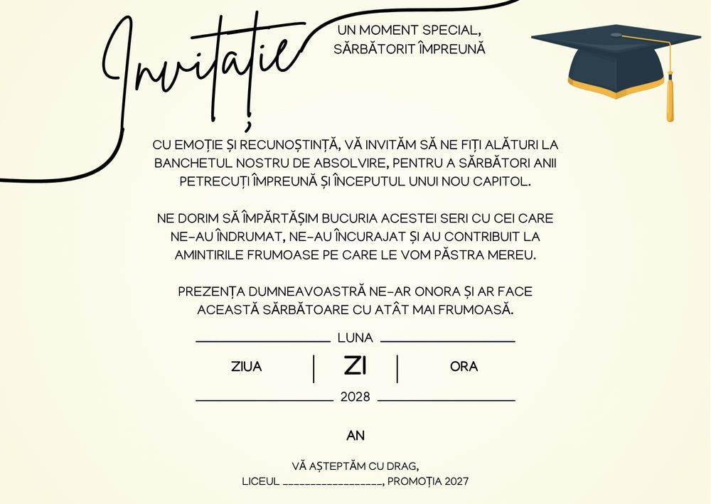 Invitație absolvire personalizabilă cu plic – Model INV18