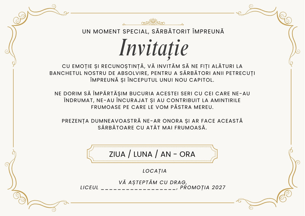 Invitație absolvire personalizabilă cu plic – Model INV26