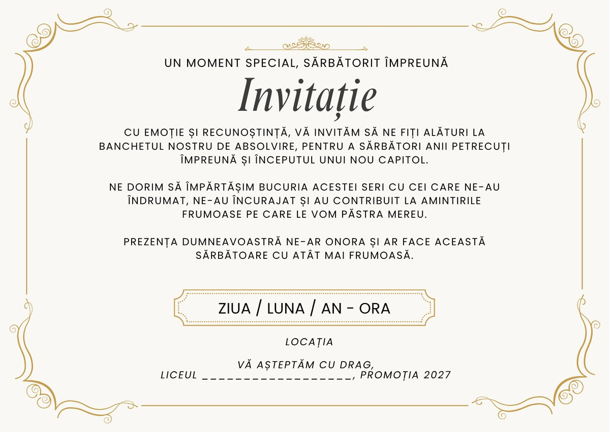 Invitație absolvire personalizabilă cu plic – Model INV26