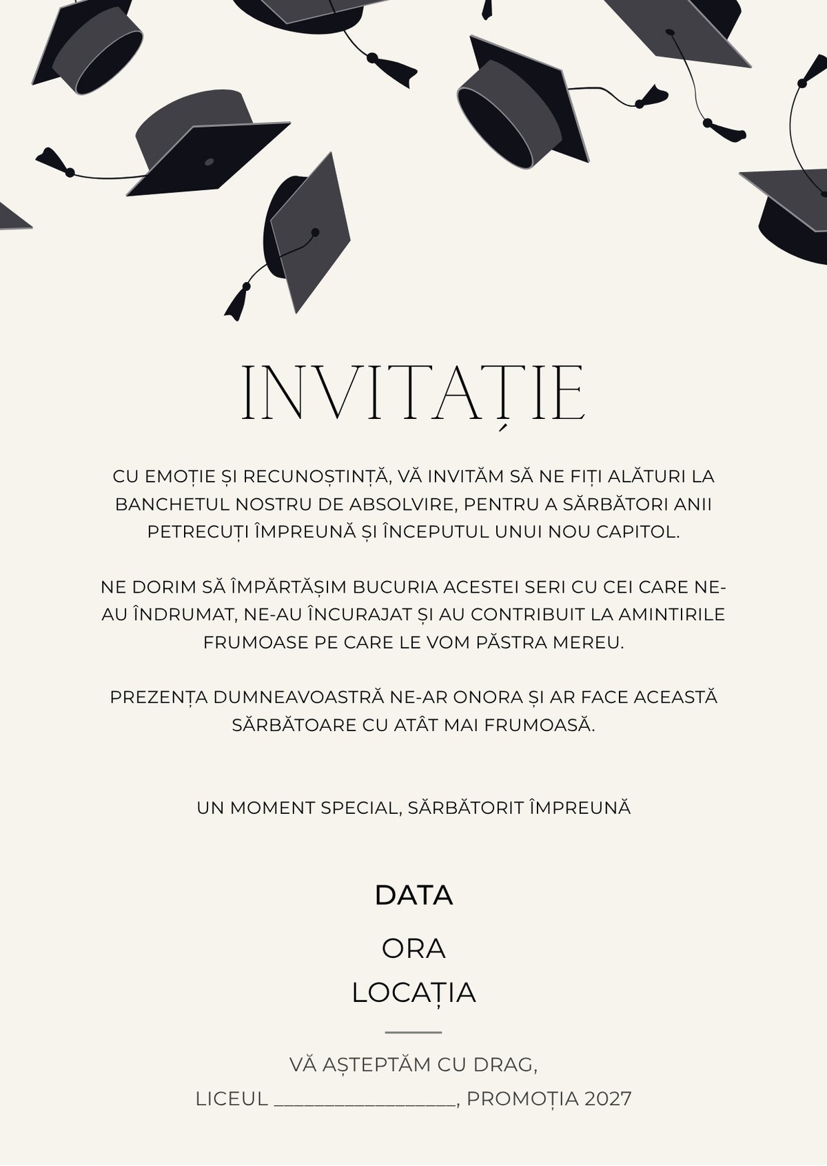 Invitație absolvire personalizabilă cu plic – Model INV27