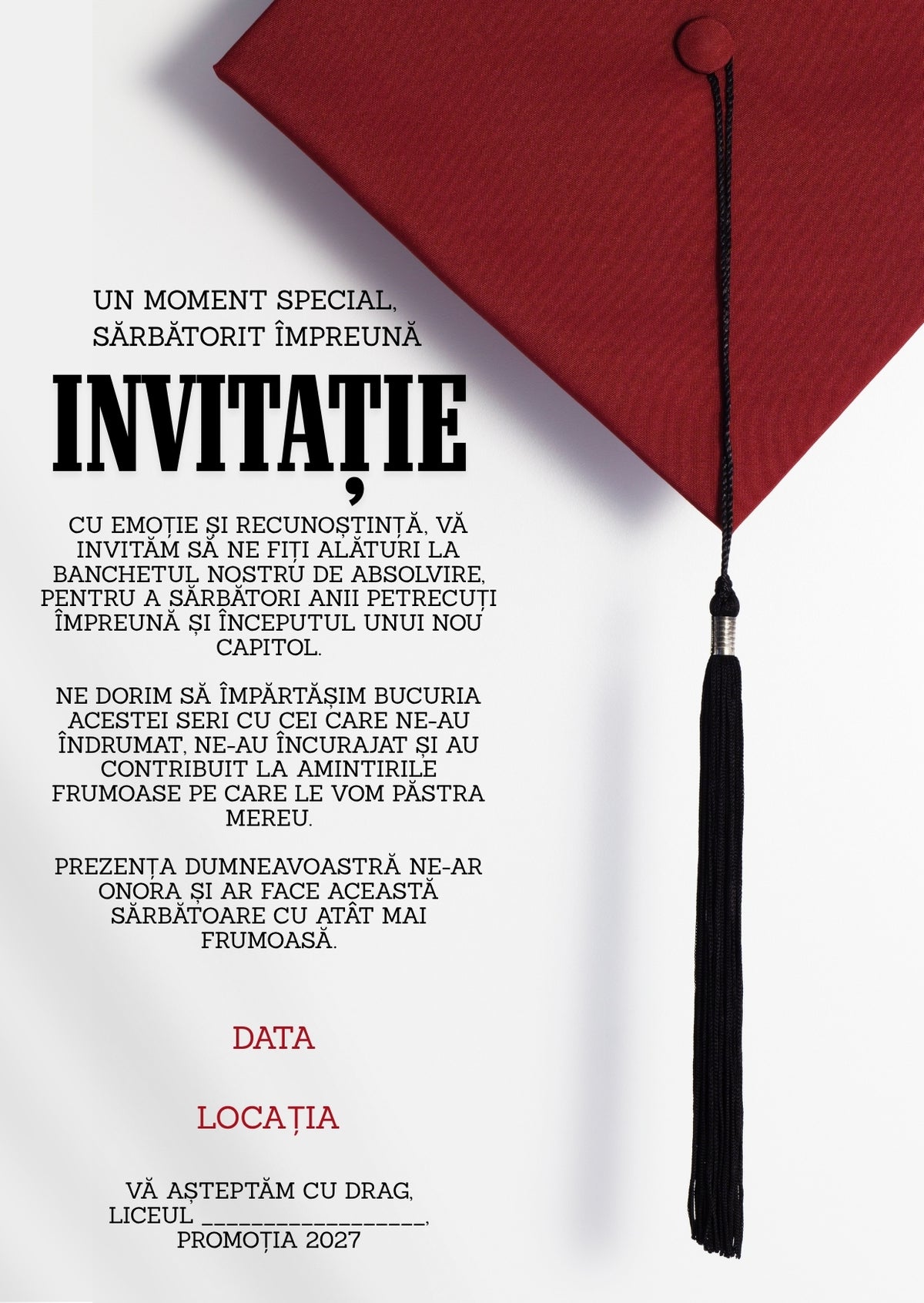 Invitație absolvire personalizabilă cu plic – Model INV28