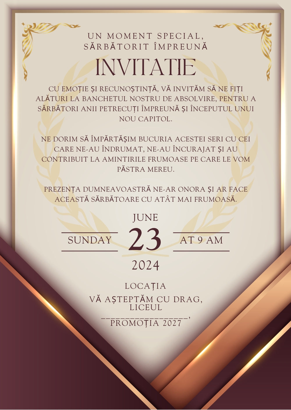 Invitație absolvire personalizabilă cu plic – Model INV32