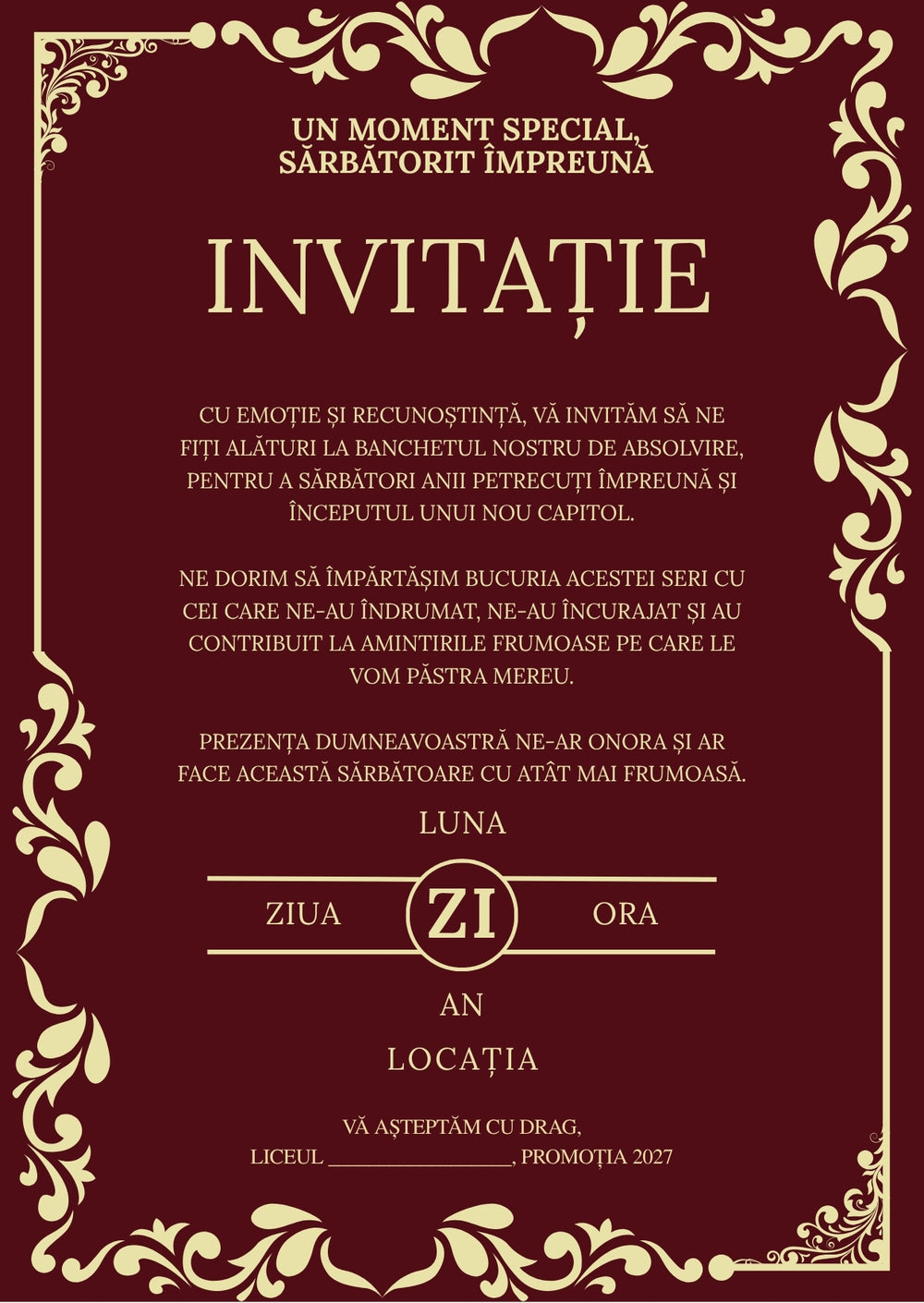 Invitație absolvire personalizabilă cu plic – Model INV38