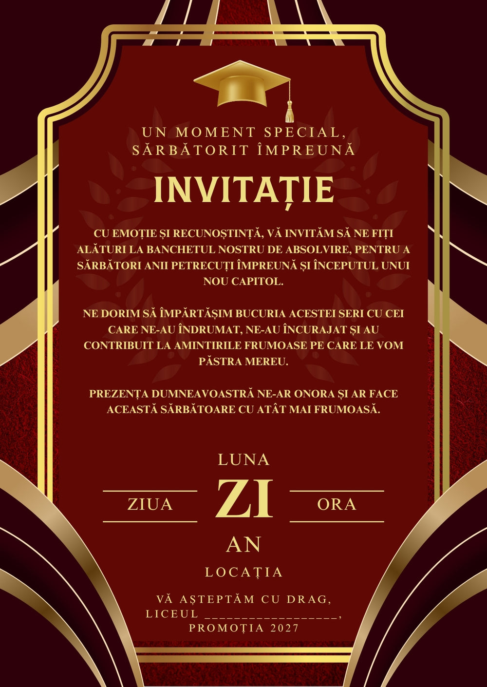 Invitație absolvire personalizabilă cu plic – Model INV39