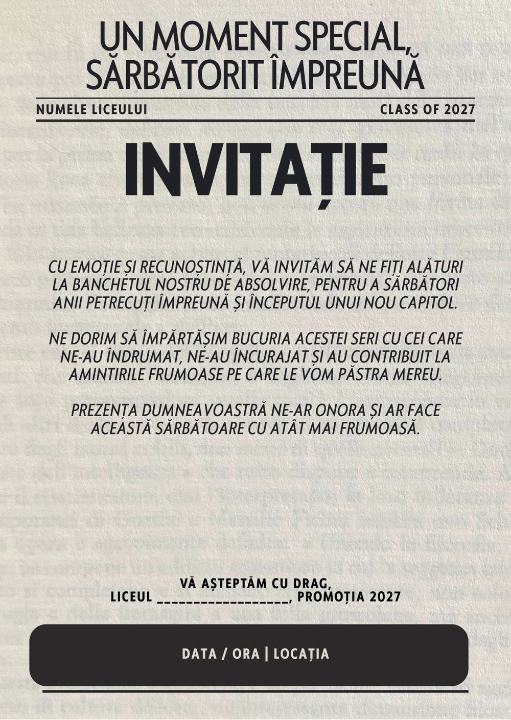 Invitație absolvire personalizabilă cu plic – Model INV42