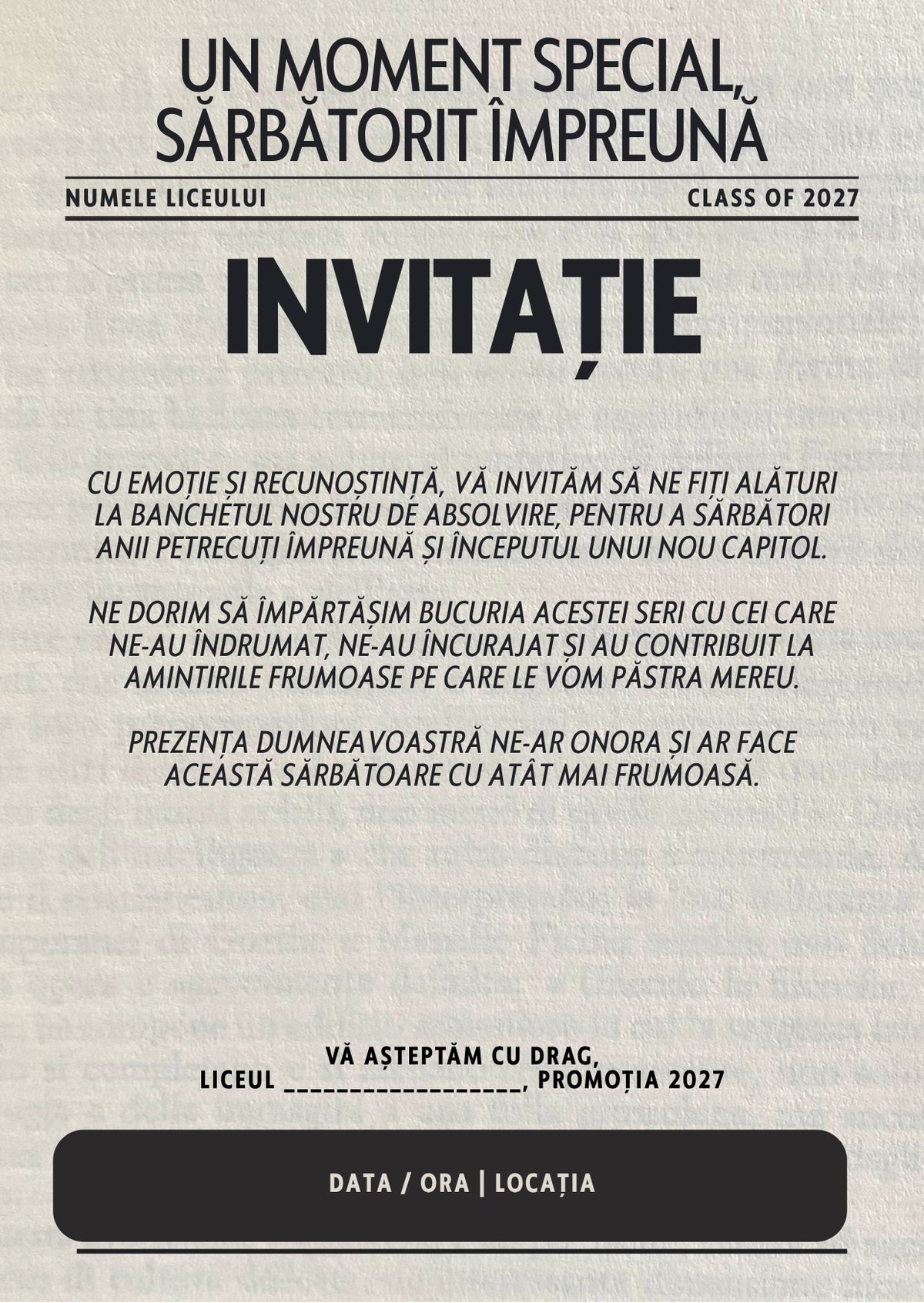 Invitație absolvire personalizabilă cu plic – Model INV42