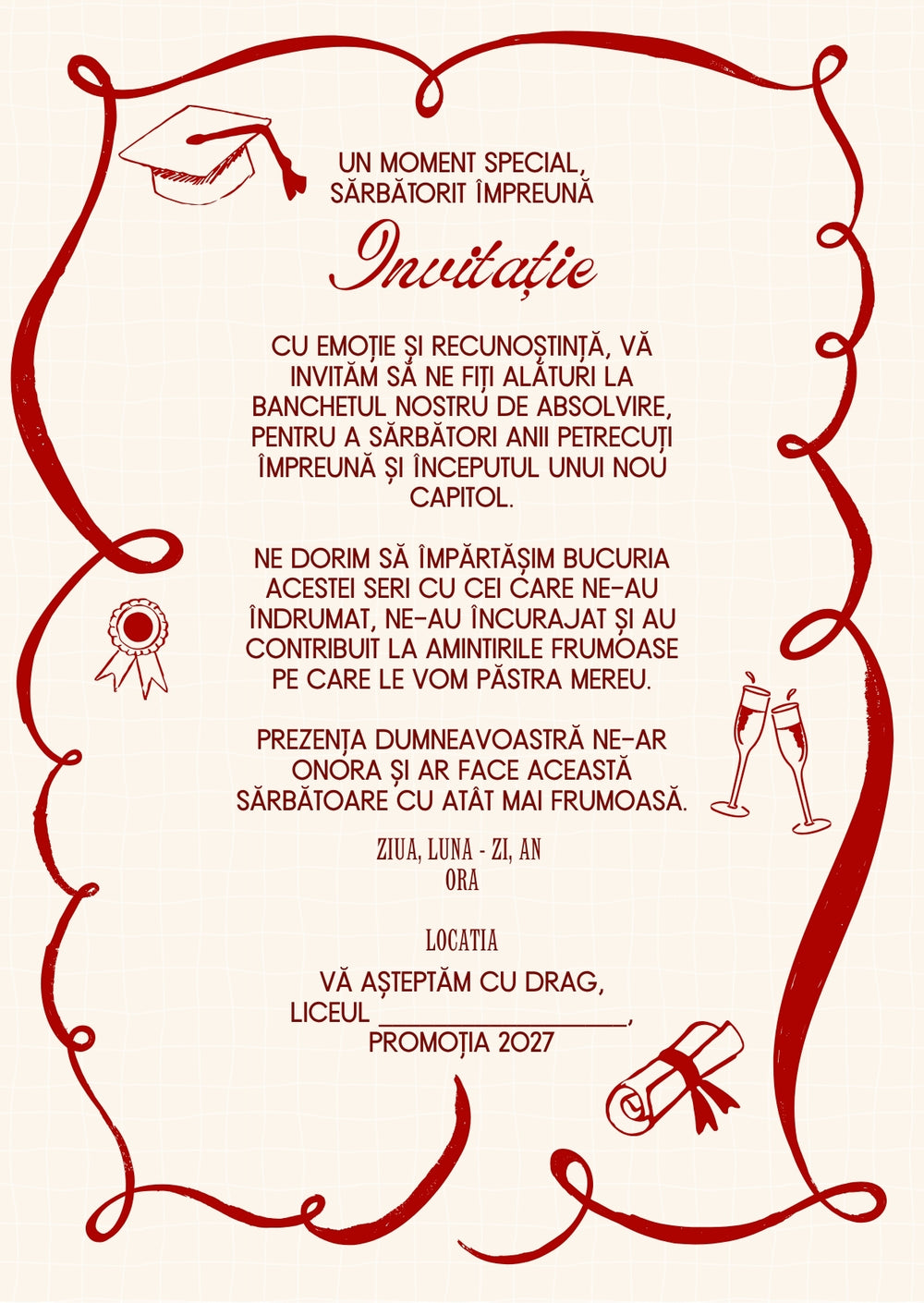 Invitație absolvire personalizabilă cu plic – Model INV45