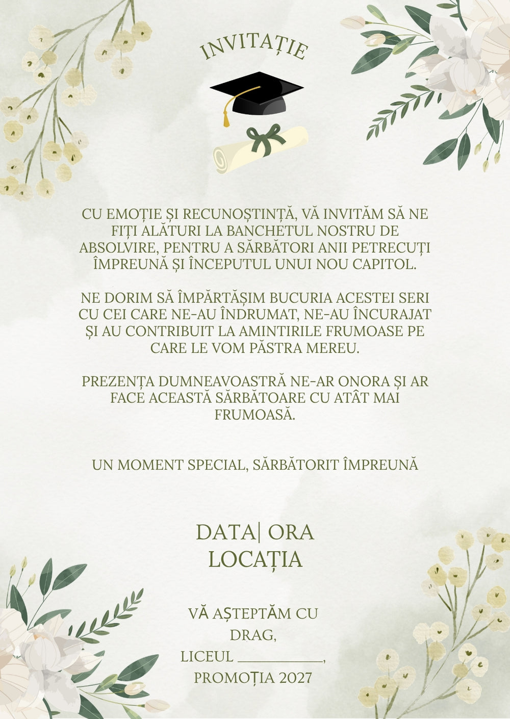 Invitație absolvire personalizabilă cu plic – Model INV46