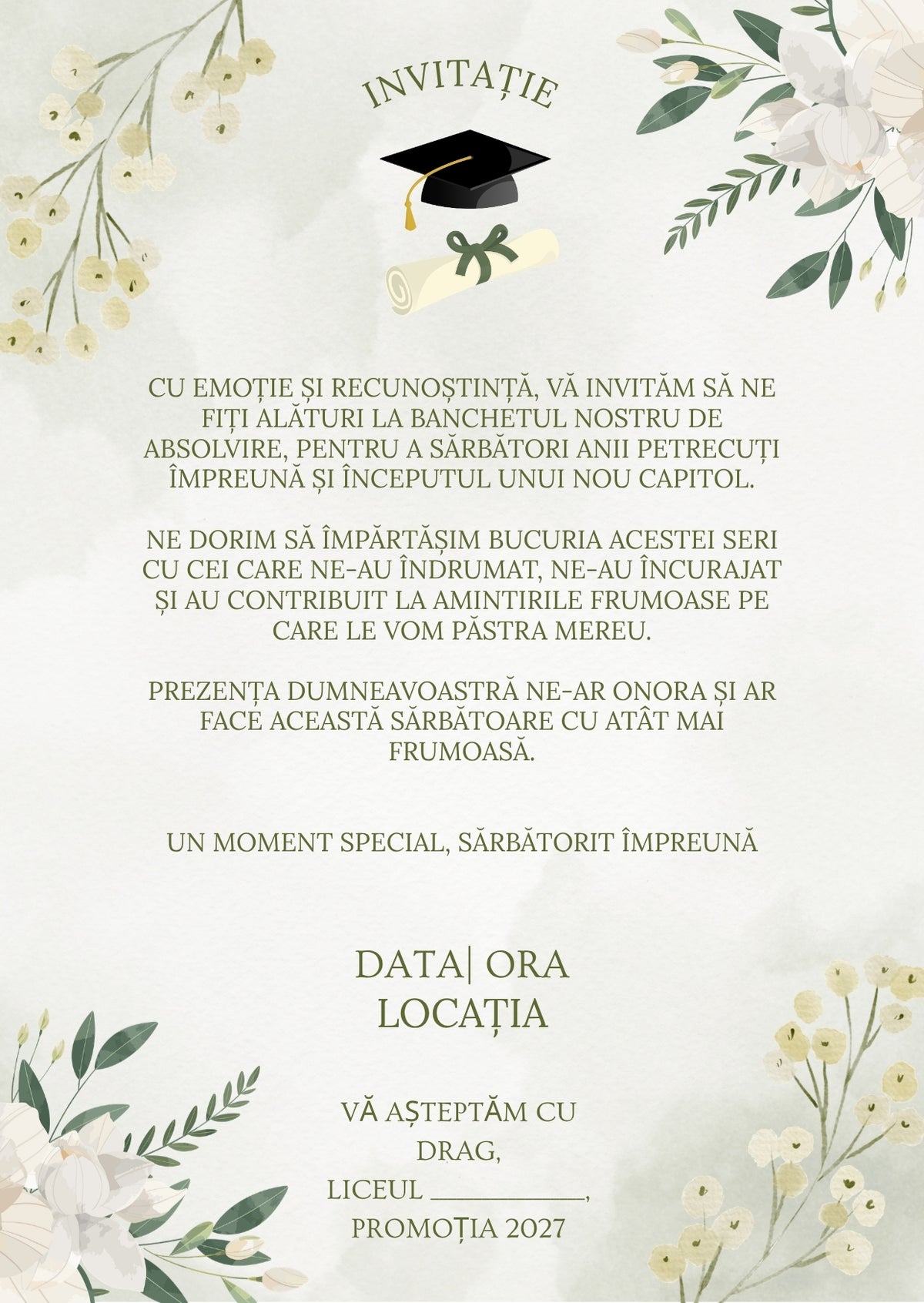 Invitație absolvire personalizabilă cu plic – Model INV46