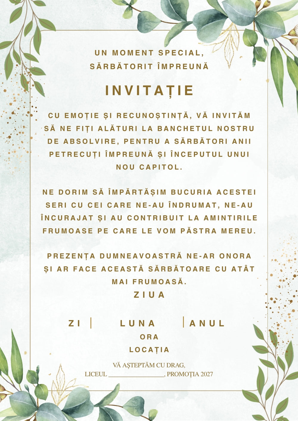 Invitație absolvire personalizabilă cu plic – Model INV52